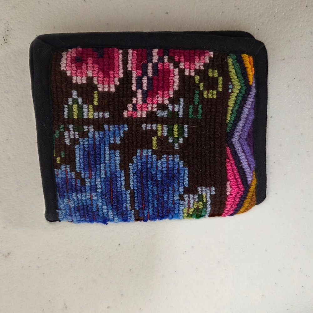 Vintage Guatemalan Woven Cotton Bifold Wallet Floral Embroidered Boho Blue Pink